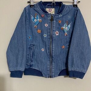 Yamp Blue Kids denim bomber Jacket Embroidered Birds 6 full zip boho comfy